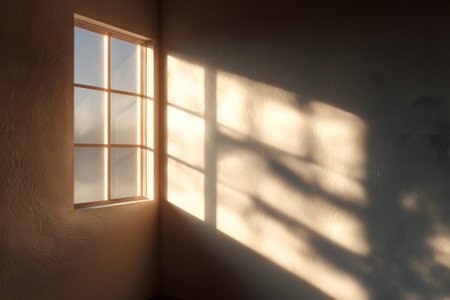 Sunlight gently streams through a window, casting delicate shadows on the wall. The serene atmosphere creates a peaceful and tranquil environment, perfect for relaxation.の素材