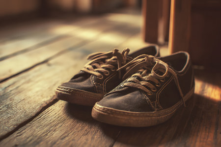An old pair of brown leather shoes sits on a weathered wooden bench, illuminated by soft light that highlights their worn texture and laces.の素材