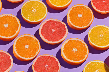 Slices of oranges, grapefruits, and lemons are neatly arranged on a purple background. The bright colors highlight their freshness and appeal, creating a lively and cheerful display.の素材