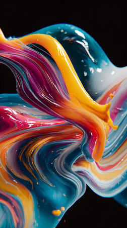 Swirling, colorful fluid shapes blend together in vibrant hues of yellow, blue, and purple, creating a dynamic visual experience against a dark backdrop.の素材
