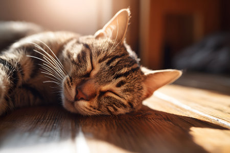 A tabby cat sleeping peacefully on a warm wooden floor. Soft sunlight filters in, creating a cozy atmosphere in the room, ideal for a quiet afternoon nap.の素材