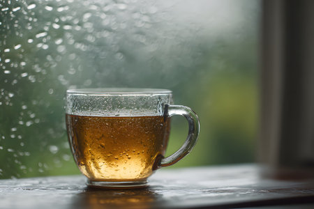A steaming cup of tea sits on a saucer next to a window. Rain droplets cover the glass, creating a calm and cozy ambiance perfect for relaxation.の素材