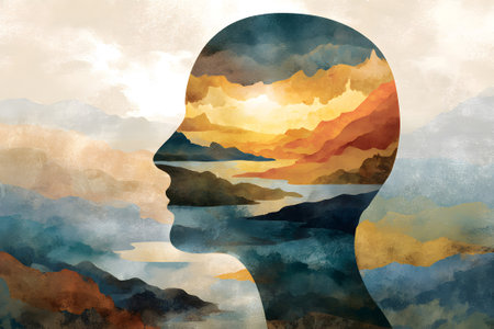 A serene silhouette of a person features a blend of watercolors depicting mountains and sky. Soft pastel colors create a peaceful sunset scene, evoking tranquility and introspection.の素材