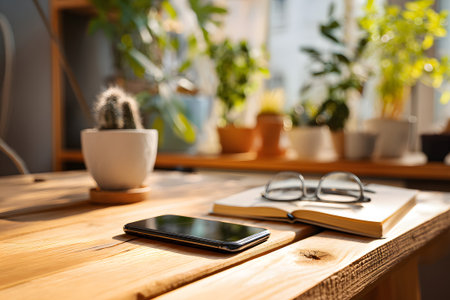 A cozy workspace features a smartphone resting on a book. Lush green plants in pots surround the area, creating a calming atmosphere in bright natural light.の素材