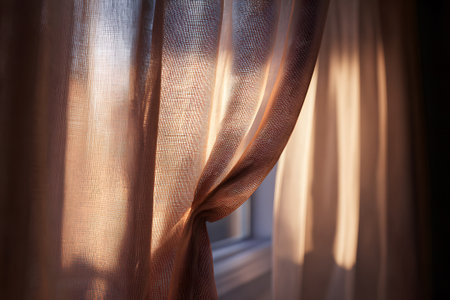 Soft sunlight filters through light curtains, creating a warm atmosphere in a room as day transitions to evening. The colors of the sunset enhance the serene vibe.の素材