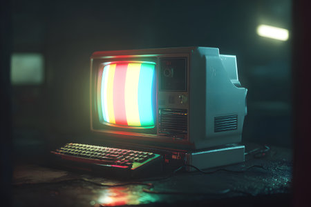 A retro computer sits on a glossy surface, displaying bright colors on its screen. Soft lighting highlights the old-school design, creating a nostalgic atmosphere.の素材