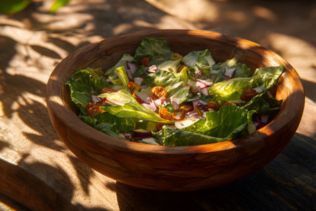A vibrant salad featuring fresh spinach, cherry tomatoes, and bell peppers is served in a rustic wooden bowl. Natural sunlight highlights the colors and textures on a wooden table.の素材