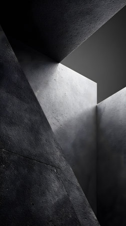 This artwork showcases a contemporary design made of layered dark surfaces. Subtle lighting highlights the edges, creating depth and an intriguing visual effect in a minimalist style.の素材