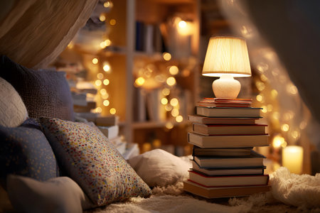 A warm and inviting reading nook features stacked books beside a soft lamp. Fairy lights create a cozy ambiance perfect for relaxation and enjoying literature.の素材