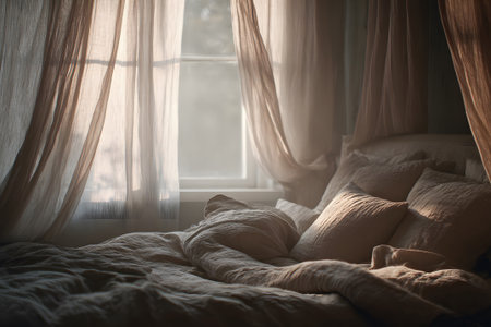 A warm and inviting bedroom features a bed layered with soft, neutral-toned lines. Sun rays filter through sheer curtains, illuminating the space. Green plants add a touch of life to the corner.の素材