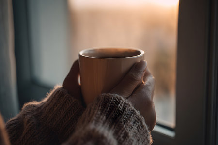 In a cozy setting, hands in knit gloves hold a warm cup of coffee. Sunlight streams through the window, creating a soft glow in the room during the morning.の素材