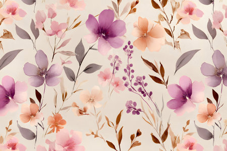 A vibrant arrangement of flowers in shades of pink, purple, and peach set against a light backdrop. Delicate leaves and small buds enhance the natural beauty of this design.の素材