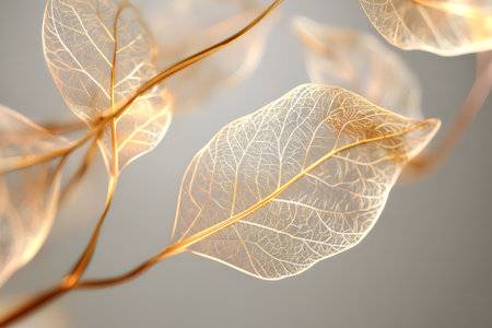Various dried leaves are showcased against a light background. Their intricate veins and translucent quality create a warm, inviting atmosphere perfect for home decor.の素材