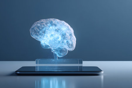 A holographic brain emerges from a tablet screen in a sleek office. The setting features a minimalistic design with soft lighting and reflects innovative technology.の素材