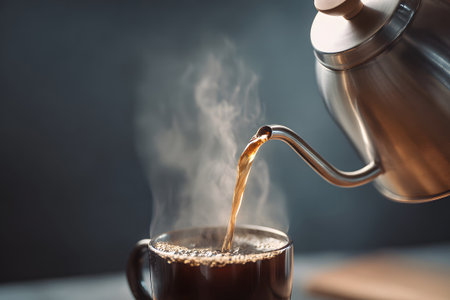 Freshly brewed coffee is being poured into a clear glass cup in a cozy kitchen setting. Steam rises, adding warmth to the morning scene. The rich aroma enhances the inviting atmosphere.の素材