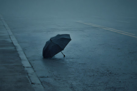An umbrella rests on a wet sidewalk beside an empty street under gray skies. Raindrops fall as the city appears quiet and deserted, suggesting a cool, gloomy atmosphere.の素材