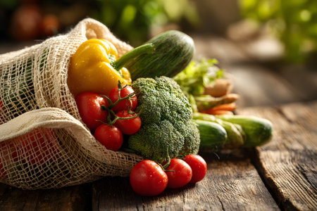 A burlap bag is overflowing with fresh vegetables like tomatoes, carrots, and cucumbers. The warm light of sunset casts a lovely glow on the wooden table.の素材