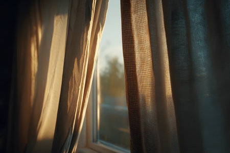 Soft sunlight filters through light curtains, creating a warm atmosphere in a room as day transitions to evening. The colors of the sunset enhance the serene vibe.の素材
