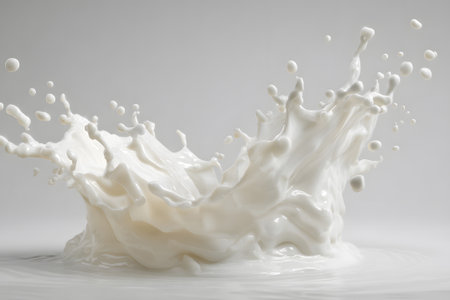 A dramatic milk splash forms captivating shapes with droplets flying in different directions. The scene has a bright background enhancing the fluid motion and elegant curves.の素材