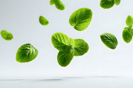 Bright green mint leaves are gathered together, showing their textured surface and vivid hue. Perfect for cooking, garnishing, or herbal remedies.の素材