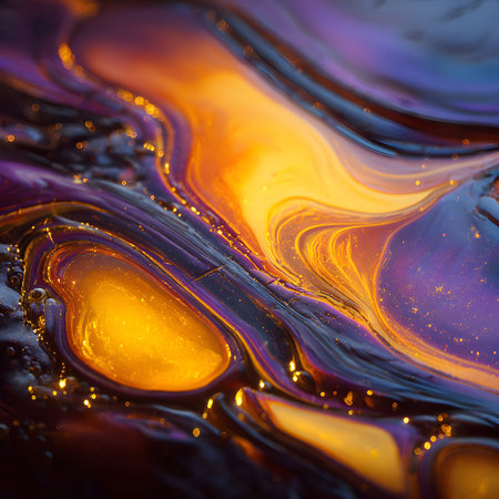 Swirling, colorful fluid shapes blend together in vibrant hues of yellow, blue, and purple, creating a dynamic visual experience against a dark backdrop.の素材