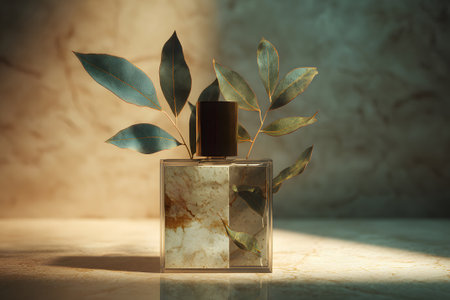 A golden fragrance bottle rests on vibrant green leaves, surrounded by fresh tropical flowers. The scene captures a calm atmosphere, highlighting nature's beauty.の素材