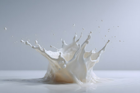 A splash of milk bursts upwards, forming a stunning crown-like shape against a simple white background. The movement captures the beauty of fluid dynamics in food photography.の素材