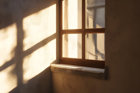 Sunlight gently streams through a window, casting delicate shadows on the wall. The serene atmosphere creates a peaceful and tranquil environment, perfect for relaxation.の素材