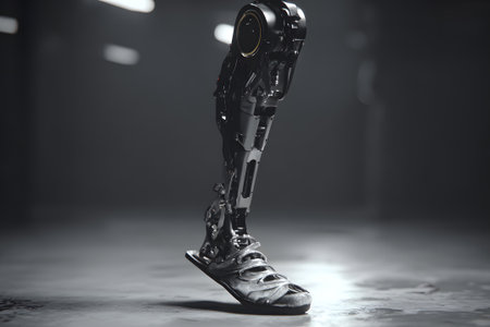 A realistic robotic leg stands on a soft surface, featuring intricate mechanical components and a stylish sneaker. The design emphasizes innovation in prosthetics and technology.の素材
