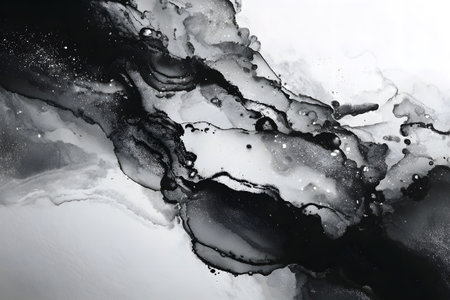 This artwork displays fluid black and white shapes blending together gracefully, with hints of sparkle adding depth. The composition creates a sense of movement and intrigue.の素材