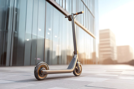 An electric scooter stands parked on a clean sidewalk in an urban area. Tall buildings reflect the warm colors of a sunset, creating a vibrant city atmosphere.の素材