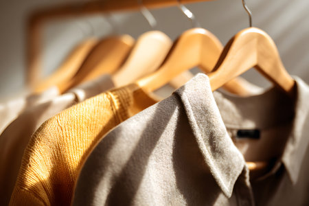 Soft morning light filters through blinds, illuminating a row of neatly hung shirts on wooden hangers. The colors are warm and inviting, showcasing an organized closet space.の素材