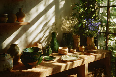 Warm sunlight highlights various pottery pieces and natural elements in a serene room. The mixture of shapes, colors, and textures creates a cozy and artistic ambiance.の素材