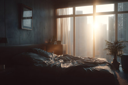 Morning light fills a modern bedroom with a view of the city skyline and a cozy atmosphereの素材