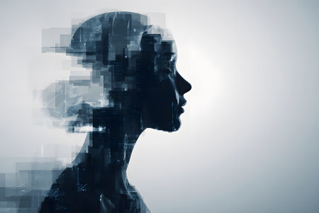 Portrait of a woman in silhouette with a digital glitch effect, representing transformation and technologyの素材