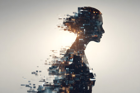 Abstract silhouette blends with digital cityscape at sunset in an artistic representation of technology and humanityの素材