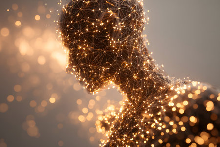 Futuristic humanoid figure made of glowing particles and connections in soft lightの素材