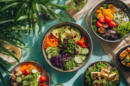 Vibrant salad bowls with fresh ingredients at a sunny outdoor table in a garden settingの素材