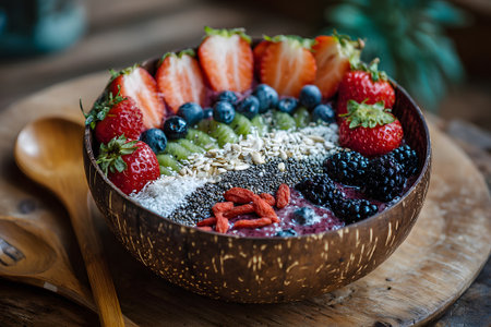 A vibrant smoothie bowl features slices of banana, strawberries, and raspberries arranged on a creamy base. Topping includes chia seeds and coconut flakes.の素材