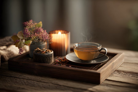 A warm and inviting scene features a steaming cup of tea nestled on a wooden tray. A red candle flickers beside it, surrounded by dried flowers, creating a serene atmosphere.の素材