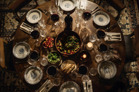 Friends sit around a rustic wooden table filled with diverse Mediterranean dishes. Fresh salads, grilled fish, bread, and drinks are shared in a sunny outdoor setting, promoting joyful conversation.の素材