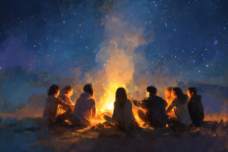 A group of six friends sits around a warm campfire enjoying each other's company under a beautiful starry sky. The night is quiet and cozy.の素材