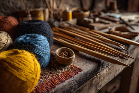 Colorful yarn balls are neatly arranged with wooden knitting needles on a weathered table. The warm, inviting atmosphere suggests a creative craft session taking place indoors.の素材