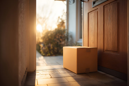 A cardboard box rests quietly at the front door of a house during a sunny afternoon. The warm light casts soft shadows, hinting at a peaceful outdoor scene.の素材
