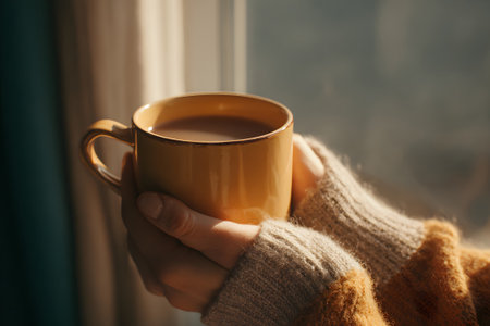 In a cozy setting, hands in knit gloves hold a warm cup of coffee. Sunlight streams through the window, creating a soft glow in the room during the morning.の素材