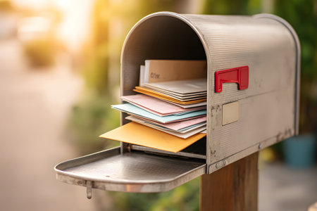 A vibrant blue mailbox is filled with colorful letters on a calm street. The sun shines on the mailbox, highlighting its charm and inviting the viewer to explore its contents.の素材