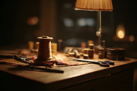A wooden table is filled with sewing supplies, including spools of thread and scissors, illuminated by a warm lamp. The scene captures a serene crafting moment at night.の素材