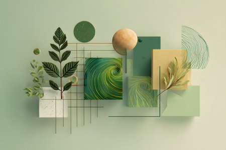 Colorful paper cut leaves and shapes blend harmoniously, showing an artistic representation of nature. The design uses soft tones and layered textures, creating depth and interest.の素材