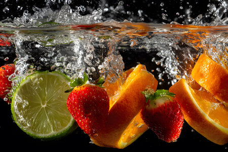 Sliced strawberries, oranges, and limes create a lively splash as they hit the water. The bright colors and dynamic movement catch the eye, showing freshness and vitality.の素材