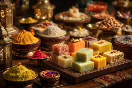 Vibrant sweets and spices are arranged on ornate trays, showing a rich variety of colors and textures at a festive market. The ambiance hints at celebration and cultural traditions.の素材
